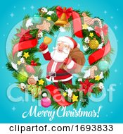 Santa Claus With Christmas Bell In Wreath Frame