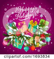 Poster, Art Print Of Christmas Gifts Snow Balls With Xmas Tree Branch
