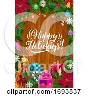Poster, Art Print Of Christmas Tree Wreath And Gifts On Wood Background