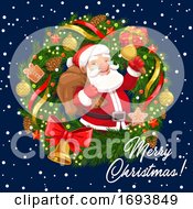 Poster, Art Print Of Christmas Wreath With Santa Xmas Bell And Gifts
