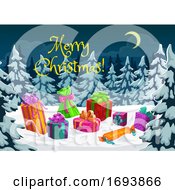 Poster, Art Print Of Christmas Gift Presents On Snow In Nigh Forest