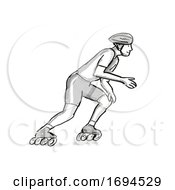 Athlete Skater Inline Speed Skating Cartoon Retro Drawing