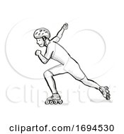 Poster, Art Print Of Athlete Skater Inline Speed Skating Cartoon Retro Drawing