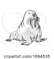 Poster, Art Print Of Pacific Walrus Endangered Wildlife Cartoon Drawing