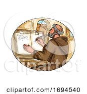 Poster, Art Print Of Medieval Monk In Monastery Writing Book Drawing