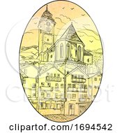 Poster, Art Print Of Medieval European Castle Church And Building Drawing