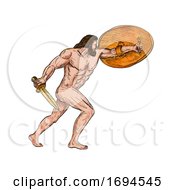 Poster, Art Print Of Roman Hero And God Hercules With Shield Retro Drawing