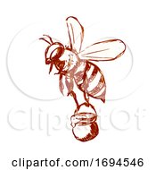 Poster, Art Print Of Honey Bee Carrying Pail Of Honey Drawing Black And White