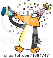 Cartoon Party Penguin Blowing A Horn