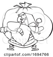 Cartoon Black And White Christmas Santa Carrying A Heavy Sack
