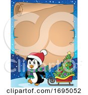 Poster, Art Print Of Christmas Penguin Parchment Border