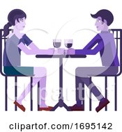 Poster, Art Print Of Young Couple Dinner Wine Restaurant Cartoon