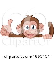 Poster, Art Print Of Monkey Cartoon Animal Behind Sign Giving Thumbs Up