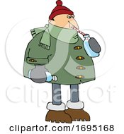Poster, Art Print Of Cartoon Man In Winter Clothes Sipping Water