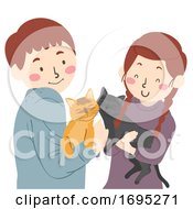 Teen Couple Cats Pets Illustration