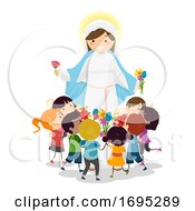 Poster, Art Print Of Stickman Kids Mother Mary Flowers
