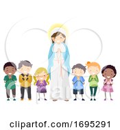 Poster, Art Print Of Stickman Kids Mother Mary Kids Rosary Illustration