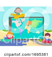 Poster, Art Print Of Kids Tablet World Map Plane Ship Car Illustration