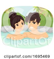 Poster, Art Print Of Teen Couple Onsen Bath Outdoor Illustration