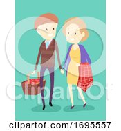 Poster, Art Print Of Senior Couple Picnic Basket Cloth Illustration