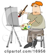 People Clipart Illustration Image Of A Red Haired Male Artist Sitting On A Stool And Holding A Palette While Oil Painting A Portrait On A Canvas On An Easel