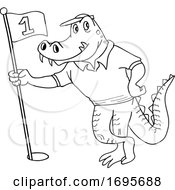 Poster, Art Print Of Cartoon Black And White Alligator Holding A Golf Flag