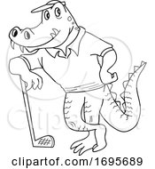 Cartoon Black And White Alligator Leaning On A Golf Club