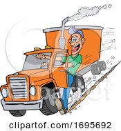 Cartoon Trucker Using His Foot To Stop A Tractor Trailer