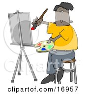 People Clipart Illustration Image Of An Black Male Artist Sitting On A Stool And Holding A Palette While Oil Painting A Portrait On A Canvas On An Easel