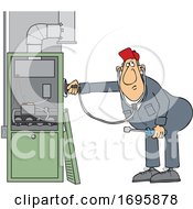 Poster, Art Print Of Cartoon Hvac Worker Holding A Stethoscope Up To A Furnace