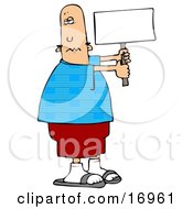 People Clipart Illustration Image Of A Patriotic Bald Caucasian Man In A Blue Shirt With An American Flag Pattern Holding A Blank White Sign