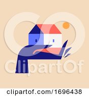 Poster, Art Print Of Vector Illustration In Trendy Minimal Style Of Elegant Hand Holding Cute Small House At Afternoon Sun