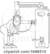 Poster, Art Print Of Cartoon Male Plumber Diagnosing A Water Heater