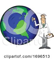 Poster, Art Print Of Cartoon Male Doctor Using A Stethoscope On A Globe