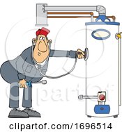 Poster, Art Print Of Cartoon Male Plumber Diagnosing A Water Heater