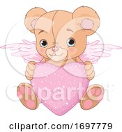 Poster, Art Print Of Cute Teddy Bear Cupid Holding A Valentine Heart