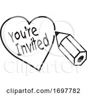 Poster, Art Print Of Black And White Pencil Drawing A Heart Around Youre Invited Text