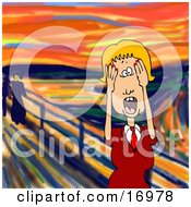 People Clipart Illustration Image Of A Stressed Out Blond Caucasian Business Woman Holding Her Hands To Her Cheeks While Screaming A Humorous Parody Of The Scream By Edvard Munch