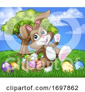 Easter Bunny Rabbit Eggs Basket Background Cartoon by AtStockIllustration