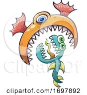 Poster, Art Print Of Cartoon One Eyed Sea Monster Eating Another Creature