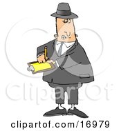 Male Caucasian Inspector In A Hat And Suit Writing Notes On A Clip Board While Investigating