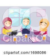 Poster, Art Print Of Stickman Kids Girls Muslim Group Study Laptop