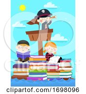 Poster, Art Print Of Kids Pirates Sail Stack Books Read Illustration