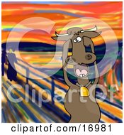 Animal Clipart Illustration Image Of A Stressed Out Brown Dairy Cow Holding Its Hooves To Its Cheeks While Screaming A Humorous Parody Of The Scream By Edvard Munch by djart