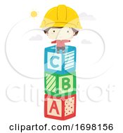 Poster, Art Print Of Kid Boy Hard Hat Sit Toy Blocks Illustration