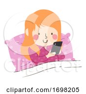 Kid Girl Bed Cell Phone Illustration