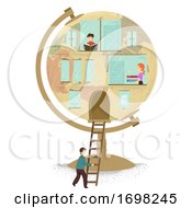 Miniature People Globe Building Illustration