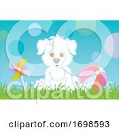 Poster, Art Print Of Puppy Sitting On Grass Next To A Ball And Pinwheel