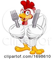 Poster, Art Print Of Chicken Rooster Cockerel Knife And Fork Cartoon