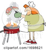 Cartoon Chubby Woman Cooking A Steak On A BBQ Grill